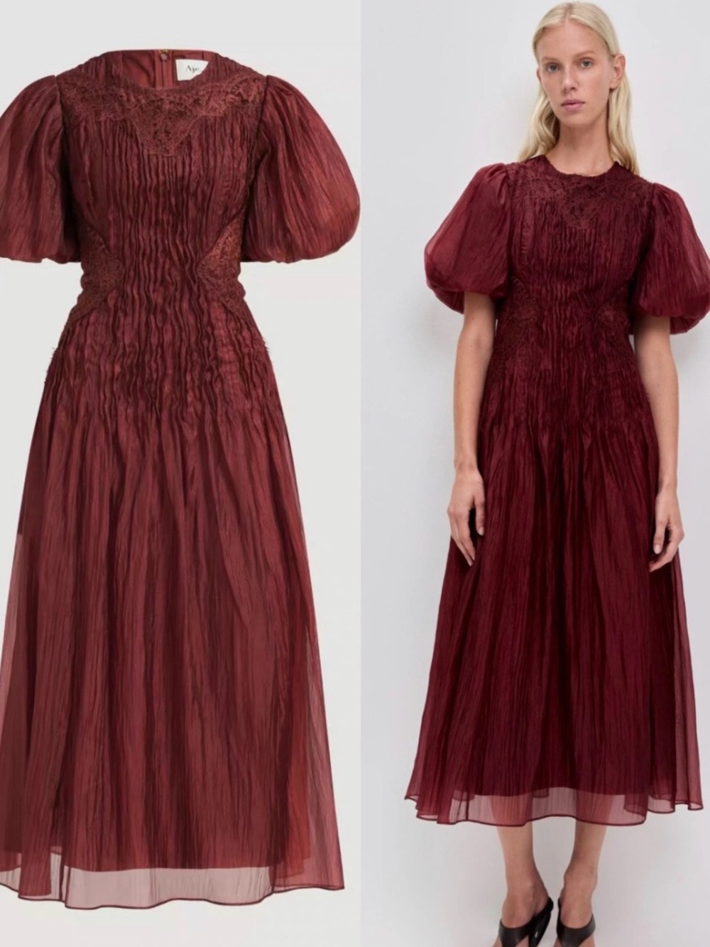 NWOT Aje Women's Burgundy Puff-Sleeve Midi Dress, Size US 0/2/4/6